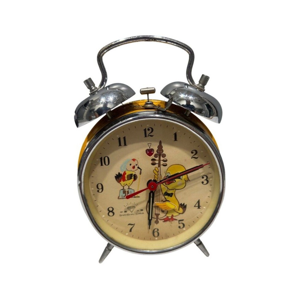 Vintage Diamond Brand Yellow Twin Bell Alarm Clock W/ Duck & Bird Illustration M
